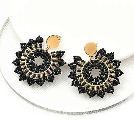 304 Stainless Steel & Bohemian Beaded Flower Dangle Stud Earrings for Women EJEW-R001-04A-1