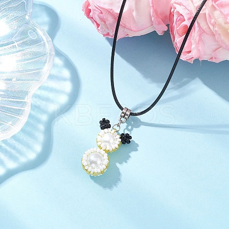 Glass Seed Beads & Glass Pearl Round Beaded Bear Pendant Waxed Cotton Cord Necklaces for Women Men NJEW-MZ00126-05-1