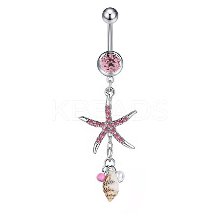 304 Stainless Steel Pave Cubic Zirconia & Plastic Pearl & Natural Shell Starfish Curved Barbell Dangle Belly Rings FS-WGCE39A-03-1