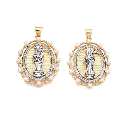 Brass Micro Pave Cubic Zirconia with ABS Imitation Pearl Pendants KK-T070-19G-1