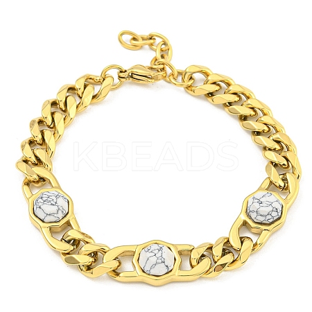 304 Stainless Steel & Natural Howlite Polygon Link Bracelets for Women BJEW-G717-16G-01-1