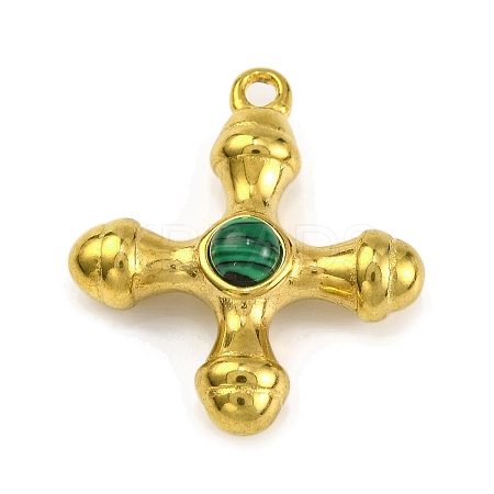 Synthetic Malachite & 304 Stainless Steel Cross Pendants STAS-H221-01G-04-1
