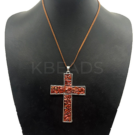 Eco-friendly Zinc Alloy & Natural Chip Red Jasper Handmade Cross Pendant Cord Necklaces for Women Men RL5831-1-1