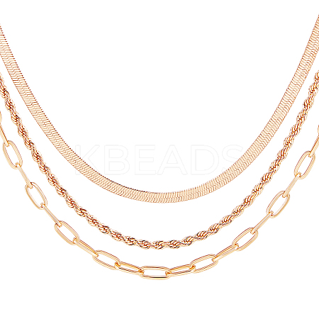 3Pcs 3 Styles Brass Chain Stackable Nacklaces Set NJEW-BBC0001-30-1