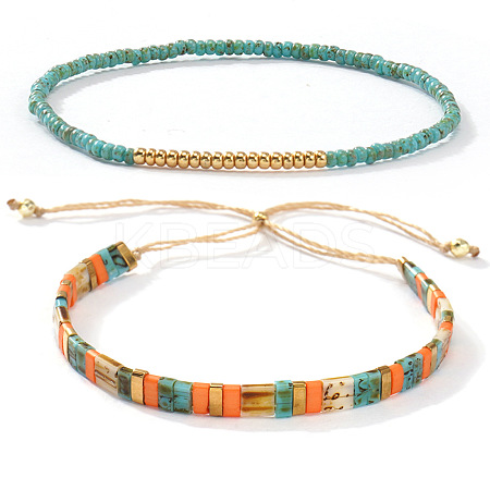 2Pcs 2 Styles Bohemian Glass Seed Bead Stretch & Slider Bracelet Set for Women VC8065-4-1