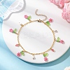 Faceted Round Natural Howlite & Glass Seed Beaded Flower Tassel Brass Cable Chain Anklets for Women AJEW-MZ00007-02-2
