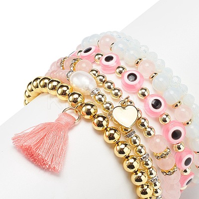 6Pcs 6 Style Natural & Synthetic Mixed Gemstone & Pearl & Resin Evil Eye Stretch Bracelets Set BJEW-JB08885-1