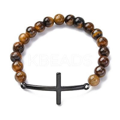Round Natural Tiger Eye Bead Stretch Bracelets BJEW-F493-08EB-01-1