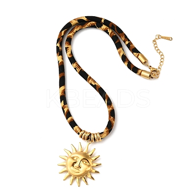 304 Stainless Steel Pendant Leopard Print Flannel Cord Necklaces NJEW-K289-01B-G-1