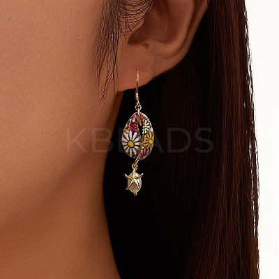 925 Sterling Silver Shell Shape with Starfish Dangle Earrings EJEW-M096-02G-1