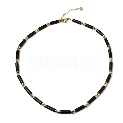 Natural Black Onyx(Dyed & Heated) & Synthetic Non-magnetic Hematite Column Beaded Necklaces with 304 Stainless Steel End Chains NJEW-K301-01A-1