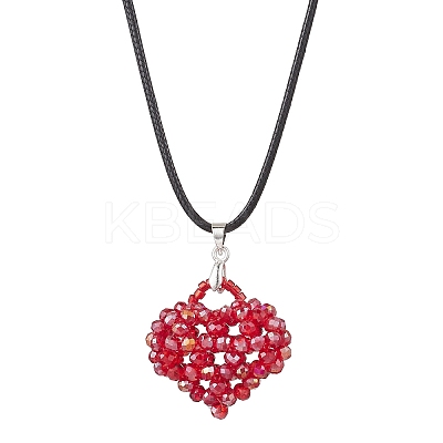 Electroplated Glass Beaded Heart Pendant Black Waxed Cotton Cord Necklaces for Women NJEW-MZ00120-03-1