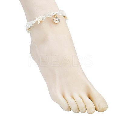 Zinc Alloy Enamel Shell Shape Charm Round Shell Pearl & Dyed Synthetic Turquoise Starfish & Opalite Chip Beaded Anklets AJEW-AN00735-01-1