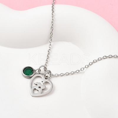 Valentine's Day 304 Stainless Steel & Green Glass Couple Heart Pendant Cable Chain Necklaces for Women NJEW-FS00014-01-1