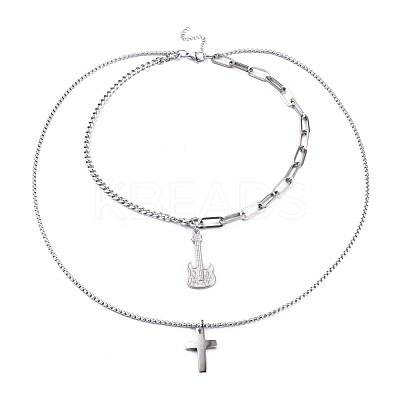 Non-Tarnish 304 Stainless Steel Double Layer Necklaces NJEW-M181-07P-1