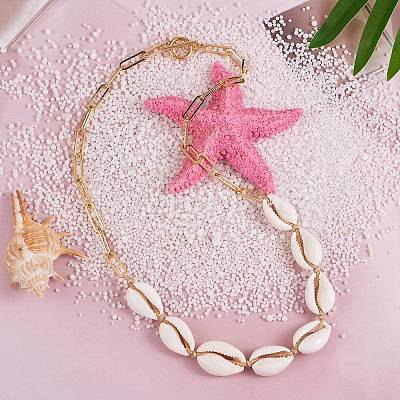 Natural Cowrie Shell Beads Pendant Necklace with Paperclip Chains for Women NJEW-SW00008-1