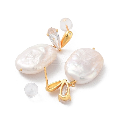 Rectangle Natural Pearl Stud Earrings for Women EJEW-E303-28G-1