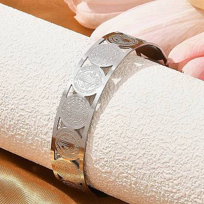 Religion Theme 304 Stainless Steel Cuff Bangles for Women BJEW-Q011-01P-1
