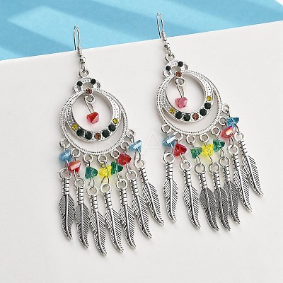Ring & Feather Alloy & Glass Chandelier Earrings EJEW-G426-01AS-1
