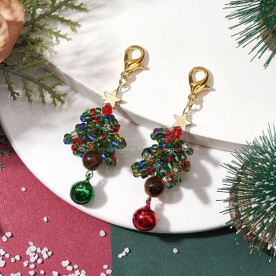Christmas Tree Glass Seed Beads & Natural Tiger Eye Pendant Decorations HJEW-MZ00075-1