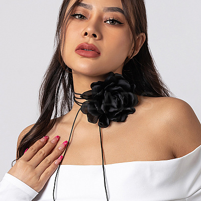 1Pc Retro Cloth Rose Flower Waxed Cord Wrap Choker Necklaces for Women NJEW-CP0001-05A-1