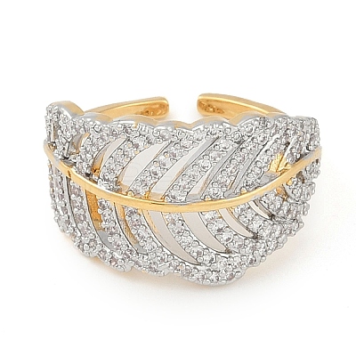 Leaf Brass Micro Pave Clear Cubic Zirconia Open Cuff Ring for Women RJEW-Q819-01G-1