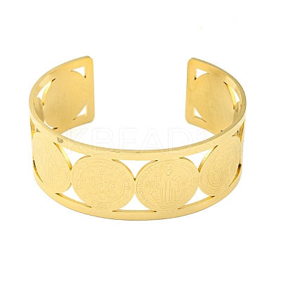 304 Stainless Steel Wide Hollow Saint Benedict Medal Open Cuff Bangles BJEW-S154-01G-1