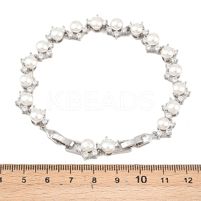 Platinum Tone Brass Micro Pave Cubic Zirconia & Plastic Pearl Tennis Bracelets BJEW-B160-16P-1