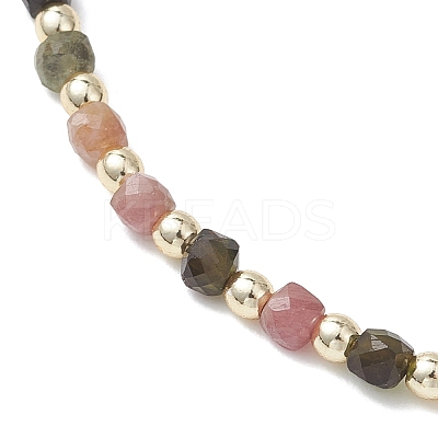 Natural Multicolor Tourmaline Faceted Cube Beaded Brass Micro Pave Clear Cubic Zirconia Butterfly Pendant OT Lariat Necklaces for Women NJEW-JN05807-1