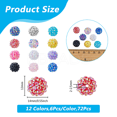 72Pcs 12 Colors Resin Rhinestone Beads RESI-DC0001-37-1