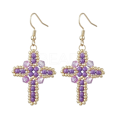 7 Pairs 304 Stainless Steel Glass Seeds Cross Dangle Earrings EJEW-MZ00506-1