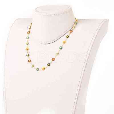 Golden Brass Flower Enamel Links Chain Necklaces NJEW-JN03171-01-1