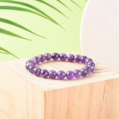 Natural Amethyst Round Beaded Stretch Bracelet BJEW-F293-04A-1