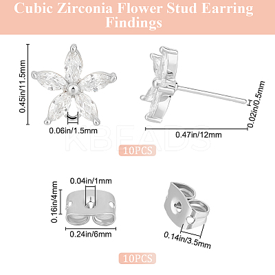 10Pcs Brass Cubic Zirconia Ear Stud Findings KK-BBC0027-62S-1