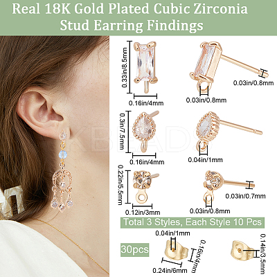 30Pcs 3 Style Brass Cubic Zirconia Stud Earring Findings KK-BBC0012-68-1
