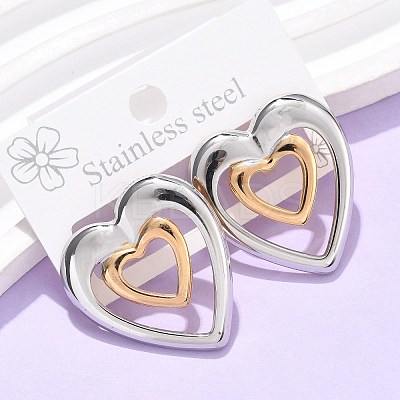 304 Stainless Steel Two Tone Heart Stud Earrings EJEW-C142-14PG-1