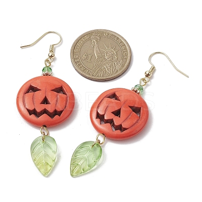 Synthetic Turquoise Pumpkin & Glass Leaf Dangle Earrings EJEW-TA00408-1