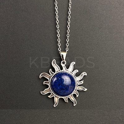 Natural Lapis Lazuli Sun Pendant Alloy Chain Vintage Necklaces WB3716-15-1
