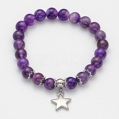 Natural Mixed Stone Beaded Star Charm Stretch Bracelets BJEW-JB01981-1