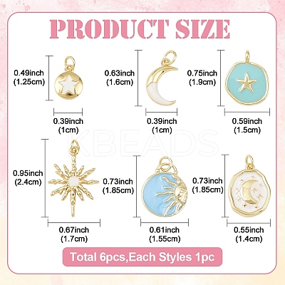 6Pcs 6 Styles Rack Plating Brass Pendants KK-YW0003-57-1