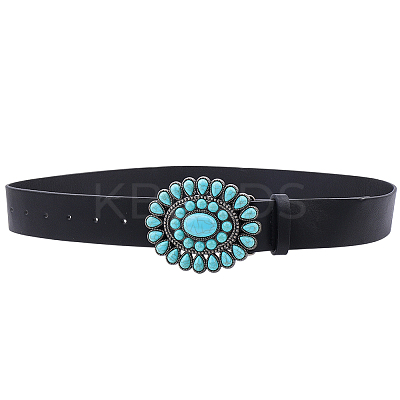 1Pc Black PU Leather Belts with Alloy Acrylic Imitaiton Turquoise Flower Clasps for Women AJEW-CL0001-38-1
