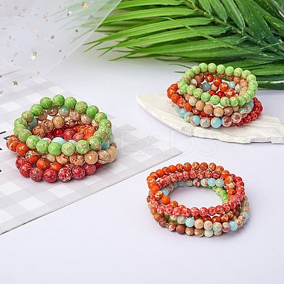 3Pcs 3 Size Synthetic Imperial Jasper Round Beaded Stretch Bracelets Set BJEW-SW00064-25-1