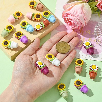 16Pcs 8 Colors Sunflower Flowerpot Food Grade Eco-Friendly Silicone Beads SIL-CJ0001-61-1