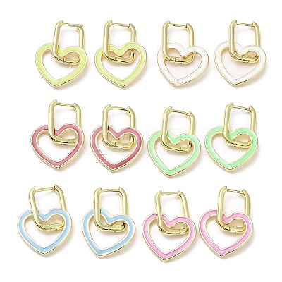 Enamel Heart Dangle Hoop Earrings EJEW-A103-10G-1