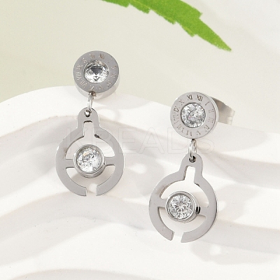 Flat Round 304 Stainless Steel Micro Pave Clear Cubic Zirconia Dangle Stud Earrings EJEW-Z089-28P-1