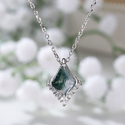 Rhombus 925 Sterling Silver Micro Pave Clear Cubic Zirconia with Natural Moss Agate Pendant Necklaces FS-WG1E963-01-1