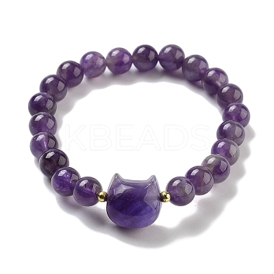 Round & Cat Head Natural Amethyst Beaded Stretch Bracelets for Women BJEW-K251-03A-1
