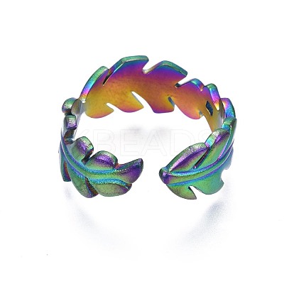 304 Stainless Steel Leaf Wrapped Cuff Ring RJEW-N038-060-1