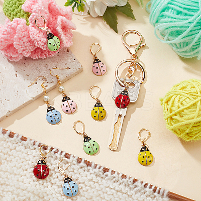 10Pcs 5 Color Alloy Enamel Beetle Charm Locking Stitch Marker HJEW-PH01565-1