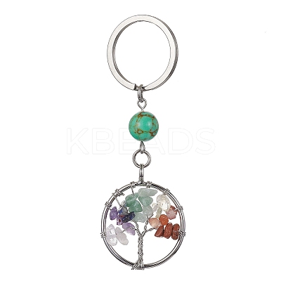 Natural Mixed Stone & Synthetic Turquoise Chips Flat Round with Tree of Life Kcychain KEYC-JKC00563-05-1